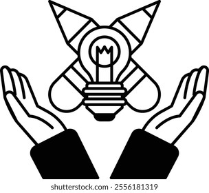 A drawing of a hand holding a light bulb with a rocket in the background
