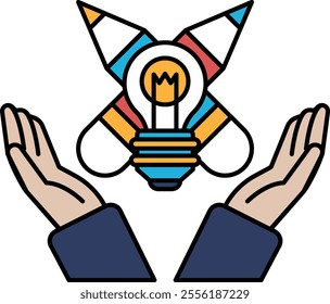 A drawing of a hand holding a light bulb with a rocket in the background. Concept of innovation and creativity, as the rocket represents progress and the light bulb symbolizes new ideas