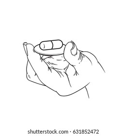 Drawing of hand holding pill, capsule, medicine by two fingers. Hand holding one tablet, line art style vector illustration on white background. Sketch.