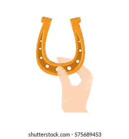 drawing hand holding saint patrick day golden horseshoe vector illustration eps 10