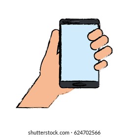 drawing hand holds smartphone device technology