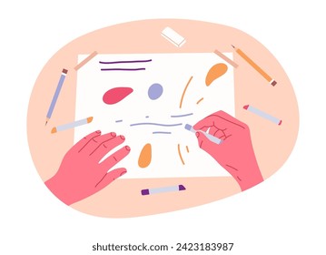 Dibujando mano. Mano humana con lápices de colores, persona dibujando con lápices de colores para dibujar. Ilustración vectorial plana sobre fondo blanco