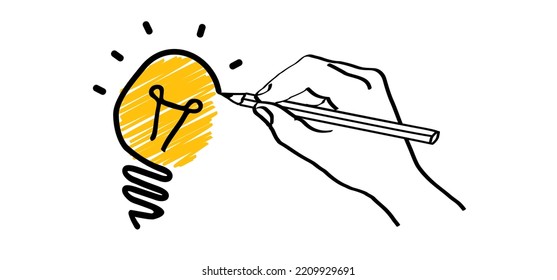 Drawing hand with pencel. Cartoon drawing electric lamp idea. FAQ, business loading concept. Vector creative light bulb ideas Brilliant lightbulb education  or inventions pictogram. strategy