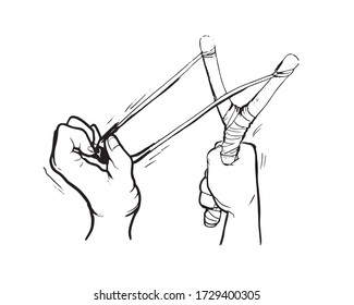 Drawing of a hand pulling back slingshot and aiming svg
