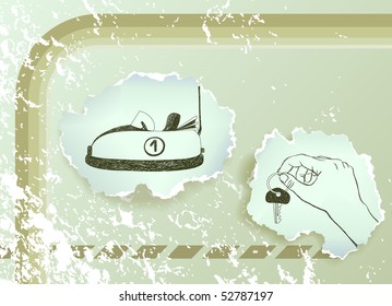 drawing of a hand and retro car on torn paper, grunge vector background