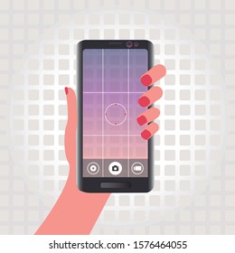 Drawing of a hand taking a cell phone to take a picture. Selfie mock up. Editable vector.