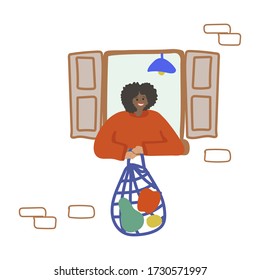 Drawing hand-drawn man in the window sits at home. Enjoy being at home, home comfort. Leader at home. Household chores and hobbies