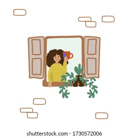 Drawing hand-drawn man in the window sits at home. Enjoy being at home, home comfort. Leader at home. Household chores and hobbies