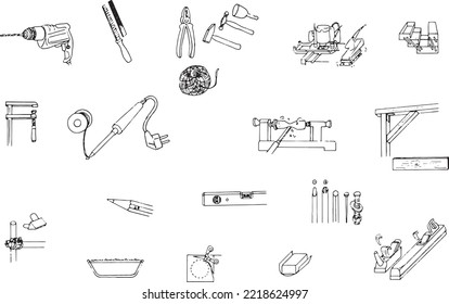 Drawing of handicraft tools and equipment