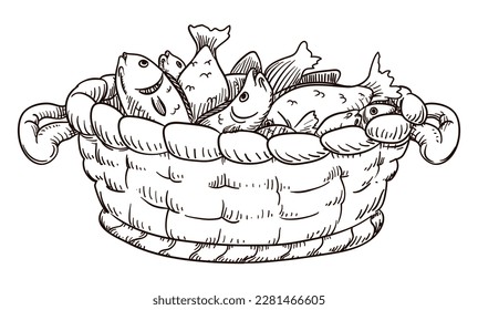 Drawing of a handmade basket full of fish over white background.