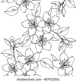 Drawing hands a branch of cherry blossom, pear, apple. Vector seamless pattern of spring flowers. Decorative ornament backdrop for fabric, textile, wrapping paper.