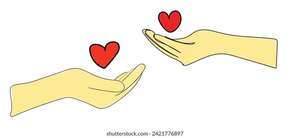  Drawing of hands giving hearts and receiving cute and sweet heart gifts. For Valentine's Day greeting cards, birthdays, love wishes for couples. Hands holding heart in doodle style. Feeling. Icon.