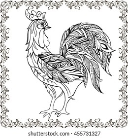 Drawing hands monochrome decorative rooster in floral frame. Decorative rooste with floral ornament for anti Stresa Coloring. 
