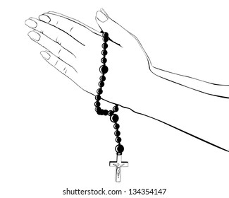 drawing hands with a rosary on a white background