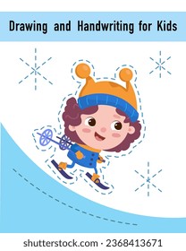 Dibujo y escritura a mano para niños. Hoja de trabajo del juego de actividades educativas para niños. Caricatura de personajes graciosos. Ilustración vectorial. 