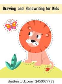 Drawing and handwriting for children. Educational activity game worksheet for kids. Cartoon funny characters. Vector illustration. 