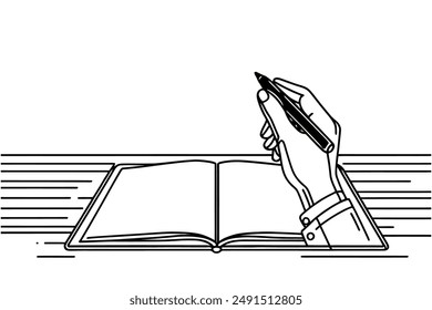 drawing of a handwritten gesture on an open book. concept of writing and writer. vector illustration