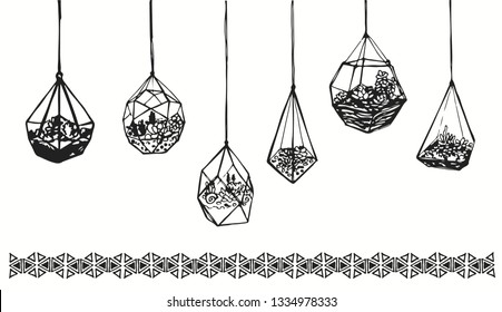 Drawing Hanging Glass Terrariums With Plants And Succulents. Hand Drawn Wardian Case And Florariums Sketch For Interior Or Decoration.