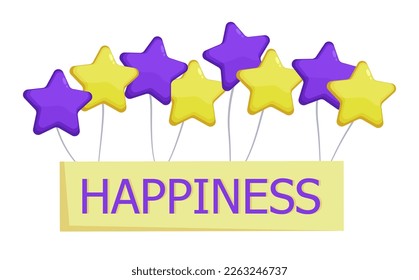 Drawing of happiness banner with balloons in shape of stars. Purple and yellow balloons on white background vector illustration. Happiness, birthday, celebration, decoration concept