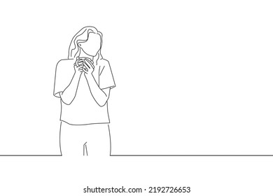 Drawing of happy business woman standing by window smiling with cup of coffee. Outline drawing style art
