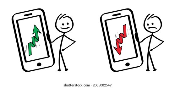 Drawing Happy businessman with economy concept, candle stick. Cartoon, comic business stickman. Office worker manager. Vector line up, down arrow graph symbol. Growing strategy, sale, good market. 