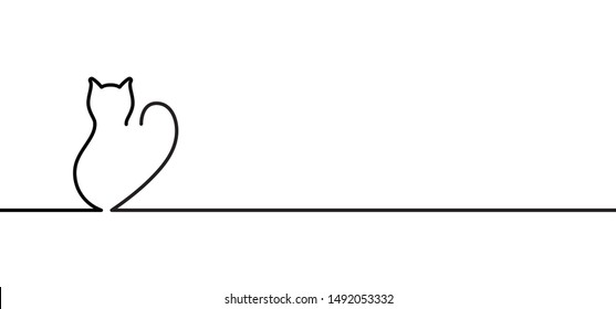 Drawing happy cat line pattern.  Kitty silhouette pictogram. Flat vector sleeping cartoon sketch sign. Animals day or Cat day. Lovers, love heart kitten. Cats say meow. Mouse, fishbone doodle icon.