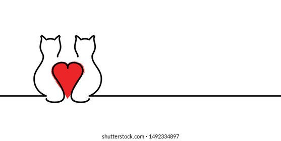 Drawing happy cat line pattern.  Kitty silhouette pictogram. Flat vector sleeping cartoon sketch sign. Animals day or Cat day. Lovers, love heart kitten. Cats say meow. Mouse, fishbone doodle icon.