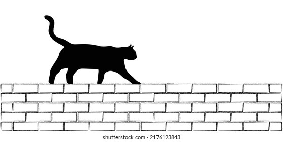 Drawing happy cat line pattern. Kitty silhouette pictogram or symbol walking on the wall. Flat vector brick stone and cats. Cartoon sketch icon. Animals day or Cat day. 