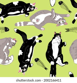 Drawing happy cats seamless pattern.Vector kids background.Funny lying cats in different poses, top view. Flat cartoon style illustration.Design for fashion fabrics,kids clothes,wrapping paper.
