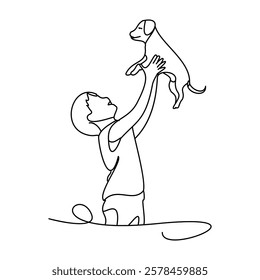 A drawing of a happy child with his dog, symbolizing the love of pets in urban life. A design created with simple but impressive lines, capturing a joyful moment.