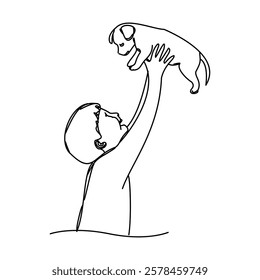 A drawing of a happy child playing with his dog. A simple design depicted with modern lines, reflecting urban pet culture. An elegant illustration with a white background.