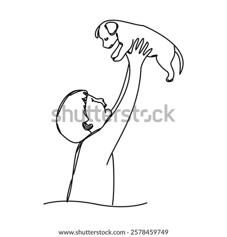 A drawing of a happy child playing with his dog. A simple design depicted with modern lines, reflecting urban pet culture. An elegant illustration with a white background.