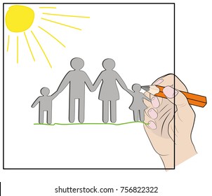drawing of a happy family hand drawn with a pencil. vector illustration.