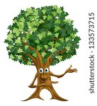 Drawing of a happy friendly tree man character pointing at something