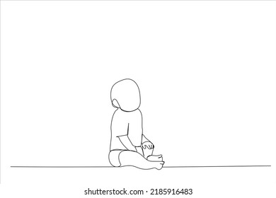 Drawing of happy little baby boy or girl sitting on floor at home. Single line art style
