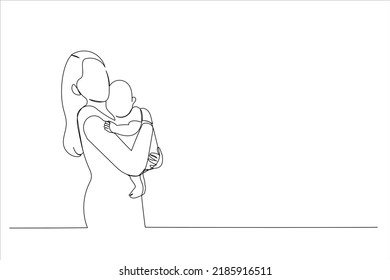 Drawing of happy mother with her baby. Single line art style
