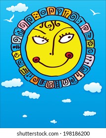 Drawing of happy smiling sun against the blue sky. Vector illustration. 