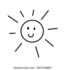 Drawing of a happy smiling sun. Sun icon cute. Cartoon vector illustration in doodle style - isolated.