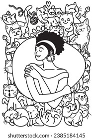 Drawing of a happy young lady giving herself a hug surrounded by playful and adorable kitties. It's a hand-drawn image with straightforward lines.