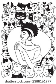 Drawing of a happy young lady giving herself a hug surrounded by playful and adorable kitties. It's a hand-drawn image with straightforward lines.