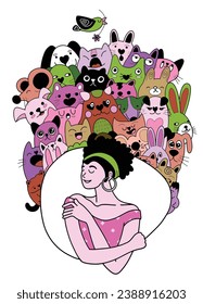 Drawing of a happy young lady giving herself a hug surrounded by playful and adorable kitties. It's a hand-drawn image with straightforward lines.