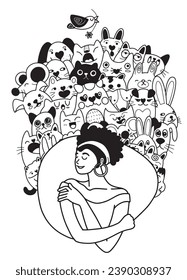 Drawing of a happy young lady giving herself a hug surrounded by playful and adorable kitties. It's a hand-drawn image with straightforward lines.
