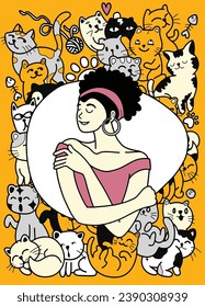 Drawing of a happy young lady giving herself a hug surrounded by playful and adorable kitties. It's a hand-drawn image with straightforward lines.