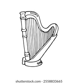 A drawing of a harp on a white background