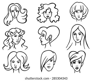 drawing head of beautiful women with different hair style on a white background