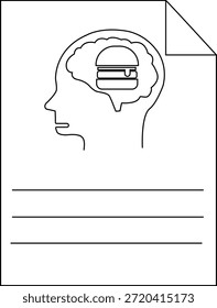 Dibujo de una cabeza con una hamburguesa en su cerebro sobre papel forrado con esquina doblada
