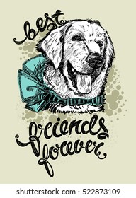 Drawing the head of a Labrador dog with a bow and letters. Best friends forever, vector illustration. Print for textiles 