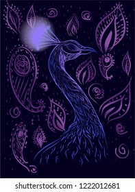 Drawing head of peafowl on the dark blue background with ornament