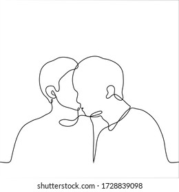 drawing the head two men  one whom whispers something in the ear the other  concept secret  gossip  mystery   friendly greeting  kiss the cheek  important news  intimate conversation