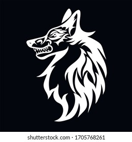 Drawing of the head of a wolf, dog, white on a black background, vector illustration